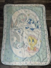 Vintage Baby Looney Tunes Crib Blanket Bugs Bunny Tweety 90s Y2K Pastel Aqua