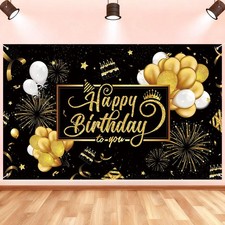 Happy Birthday Backdrop Banner, Black and Gold Birthdays Banner Backdrop, Hap...