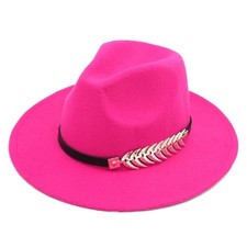 Hot Pink Red Fedora Hat, Gold Leaf Band, Stylish Unisex Felt Panama Jazz Cap