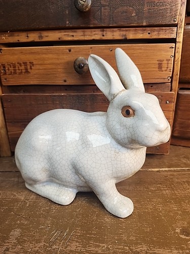 Vintage Crackle Glaze Creamy White Ceramic Rabbit Easter Bunny 