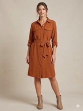 Women's NY Collection Brown Button Front Belted Collared Shirt Dress Size M