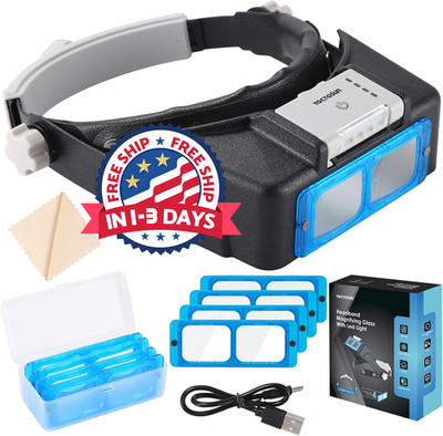 Lupa de diadema recargable con 4 lentes de 1,5X a 3,5X y visera de aumento manos