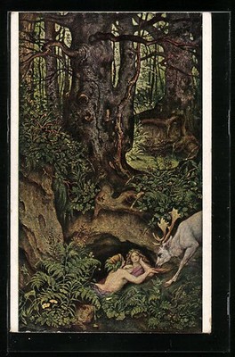 Artist postcard Moritz von Schwind: mermaids drinking a deer 