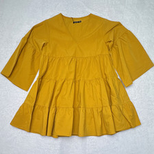 Boohoo Womens Mustard V-Neck Tiered Smocked 3/4 Balloon Sleeve Mini Dress US 8
