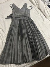 Banana Republic Gray Satin Pleated Midi Dress Size 0 Sleeveless Bow Accent
