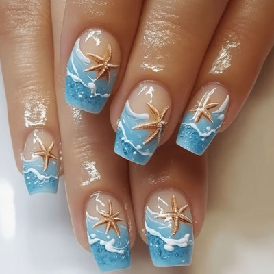 48pcs Short Square Press on Nails, Blue Wave 3D Starfish Beach Summer Nails