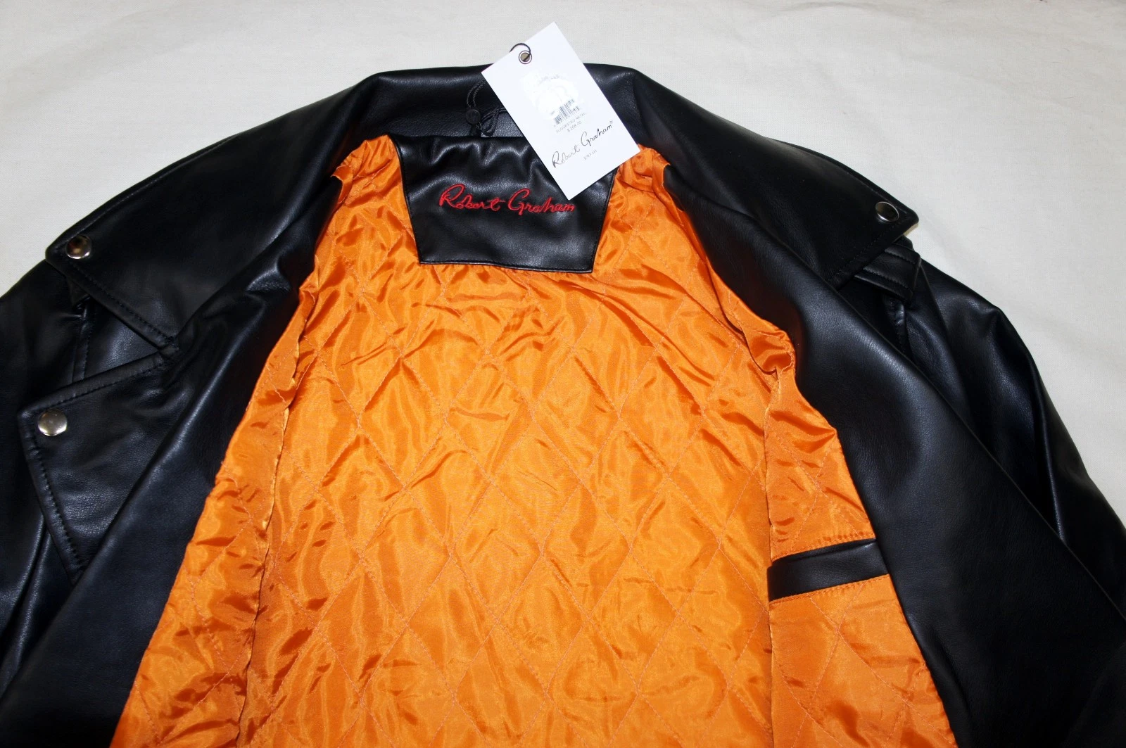 Robert Graham Vegan Black Leather Moto Jacket Mens L Faux Orange Lined Full Zip image 6