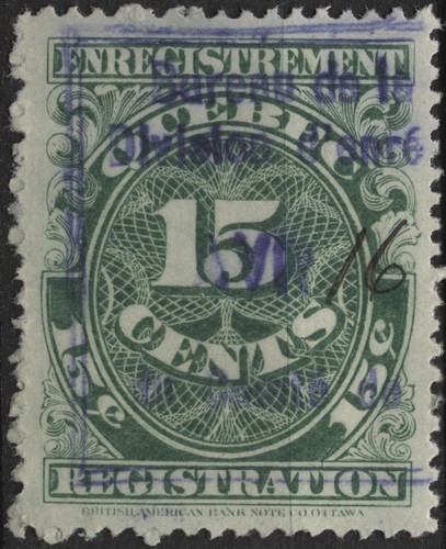 Canada 1912 VanDam #QR18 15c green Quebec Registration Stamp, used - 第 1/1 張圖片