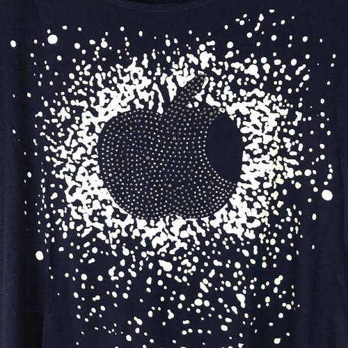 NWT MNG S Short Sleeve Blouse Blue Bling Apple School Teacher Shirt Round Neck