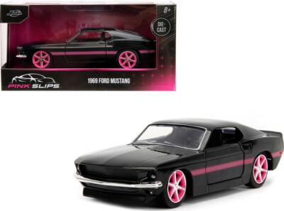 1969 Ford Mustang Black Metallic with Pink Stripes and Wheels Pink