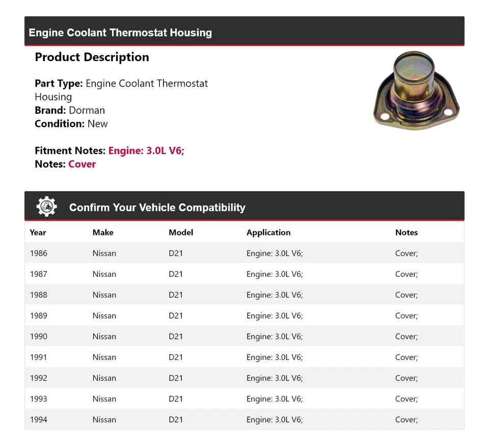 Carcasa termostato refrigerante motor Dorman V6 3,0 L Nissan D21 1986-1994 1987 Foto 2 de 4