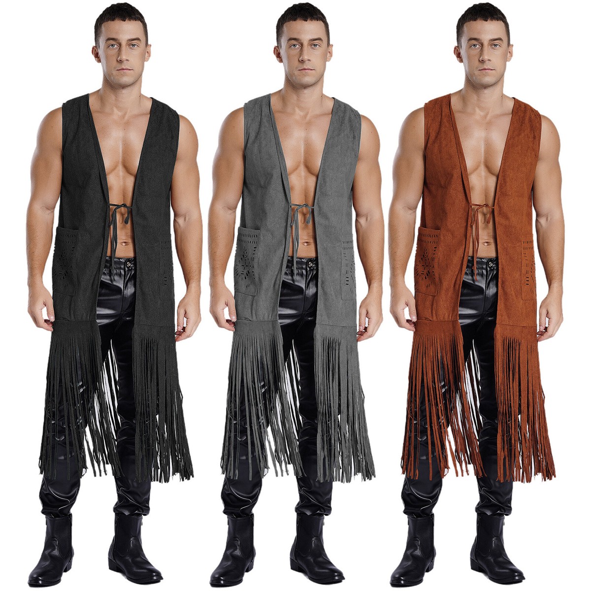 Mens Vest Shirts Outerwear Faux Suede Jackets Cowboy Western