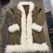90's Boutique Europa Olive Green Penny Lane Coat Shaggy Faux Fur Size 16