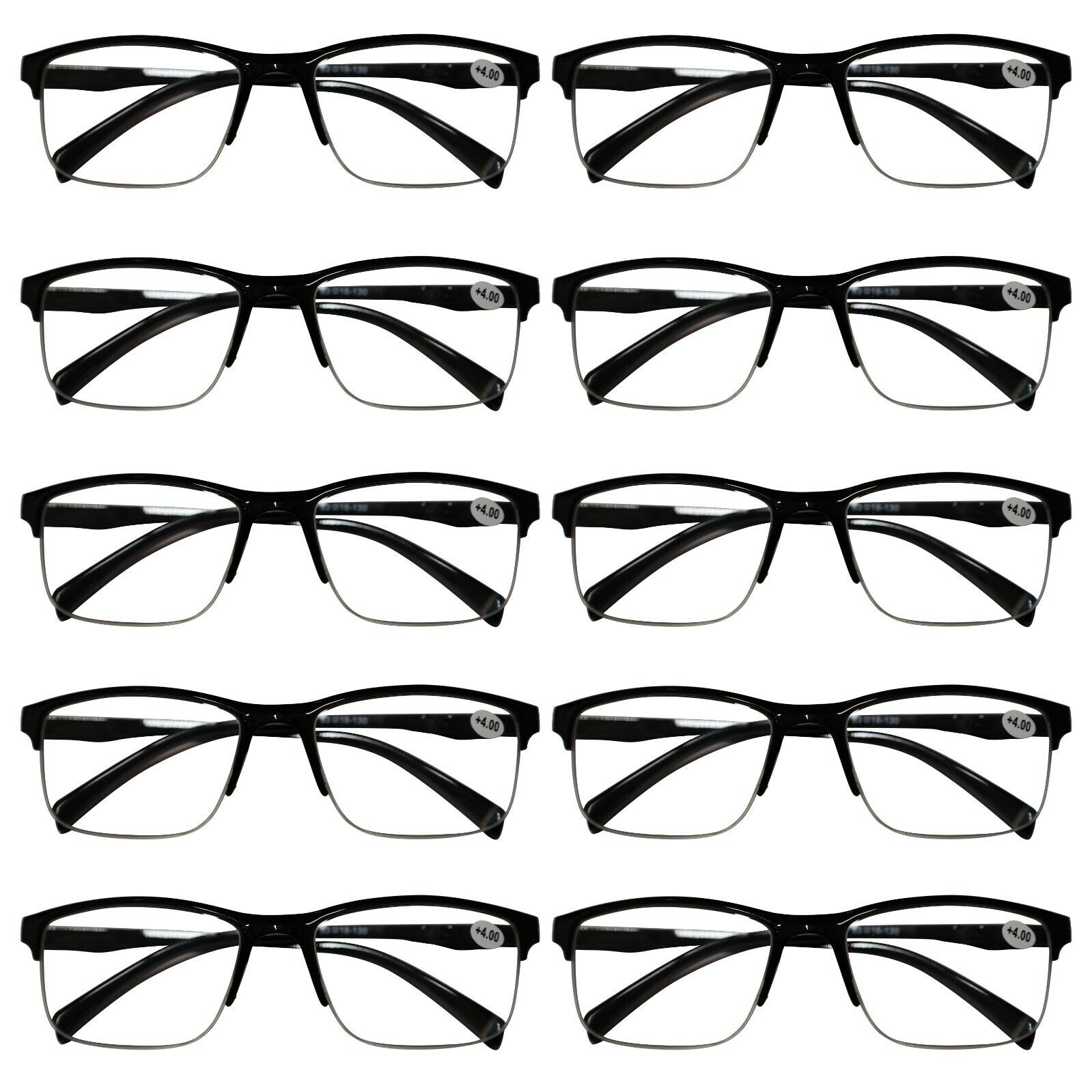10 Pack Mens Unisex Half Frame Square Reading Glasses Black Spri