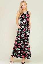 Sleeveless Shirring Maxi Dress Black Casual Summer Floral