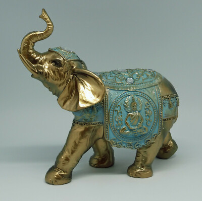 Figur Elefant Elephant aus Polyresin Gold/türkis mit Schmucksteine 21 cm