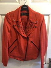 *bnwt* Zara Studded Red Cotton Ladies Zip Biker Jacket Size Xs 8