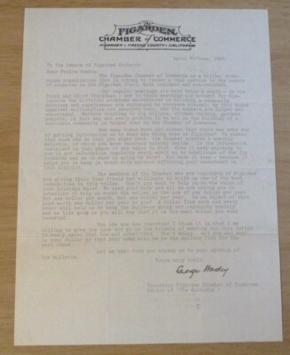 1925 Tract NEWSLETTER Request~The FIGARDEN Chamber of Commerce~FRESNO COUNTY CAL