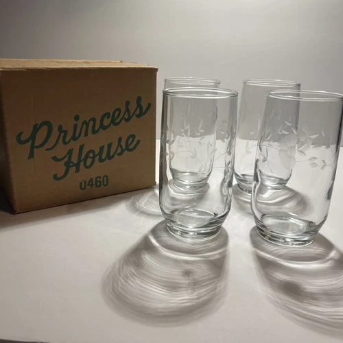 Set 4 Princess House HERITAGE Crystal Etched Drinking Glass 5" Tumblers, #0460