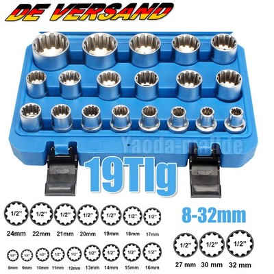 19tlg Steckschlüssel Satz 1/2'' Werkzeug 8-32mm Vielzahn Nuss Zoll Torx Sechskant