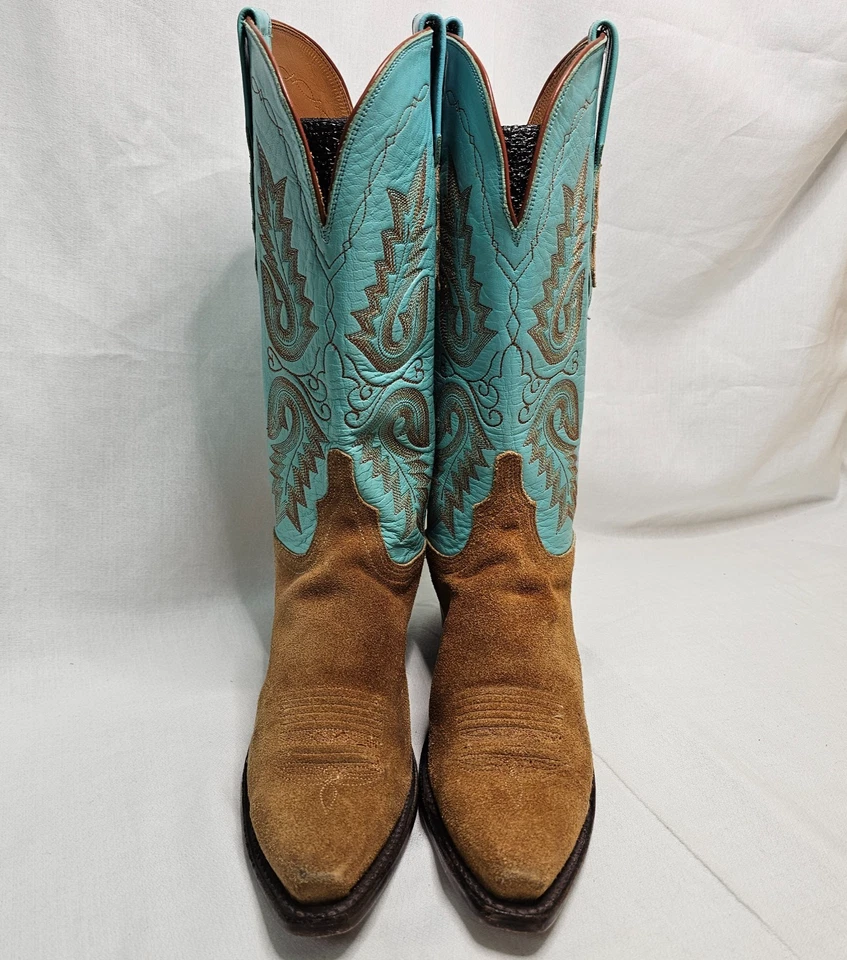 1883 Lucchese Rough Cut Suede Tan/ Turquoise Western Boots N4503 Women's Size 7B - Image 2 of 4