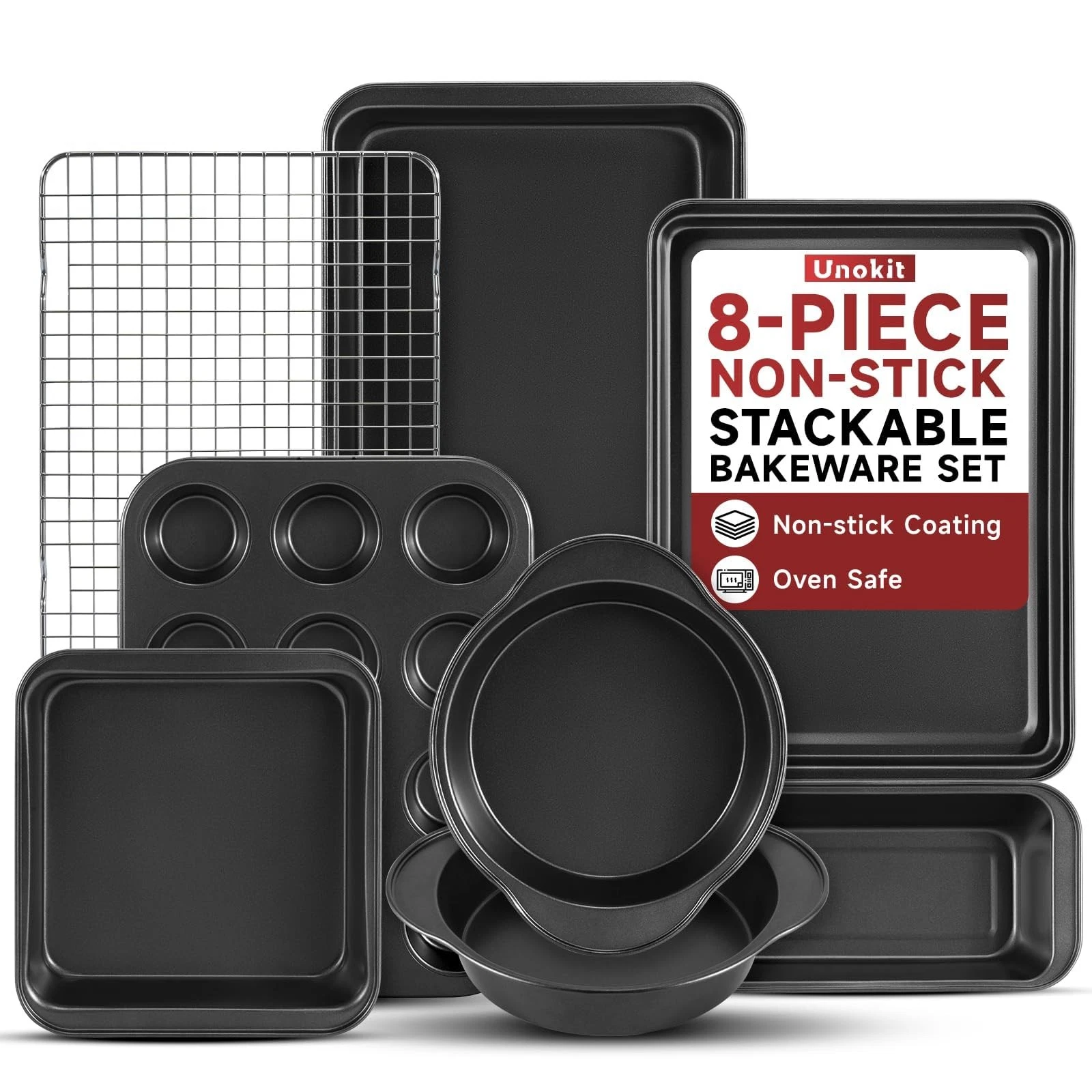 8-Piece Nonstick Baking Pans Set - Stainless Steel Bakeware Set Stackable Tra...