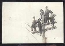 REAL PHOTO CENTREVILLE MICHIGAN LINEMEN ELECTRIC POLE WORKERS POSTCARD COPY
