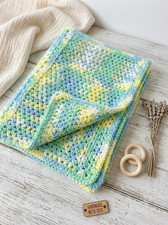 Handmade Crochet Baby Blanket Afghan 35x30 Blue Green Yellow White Nursery Throw