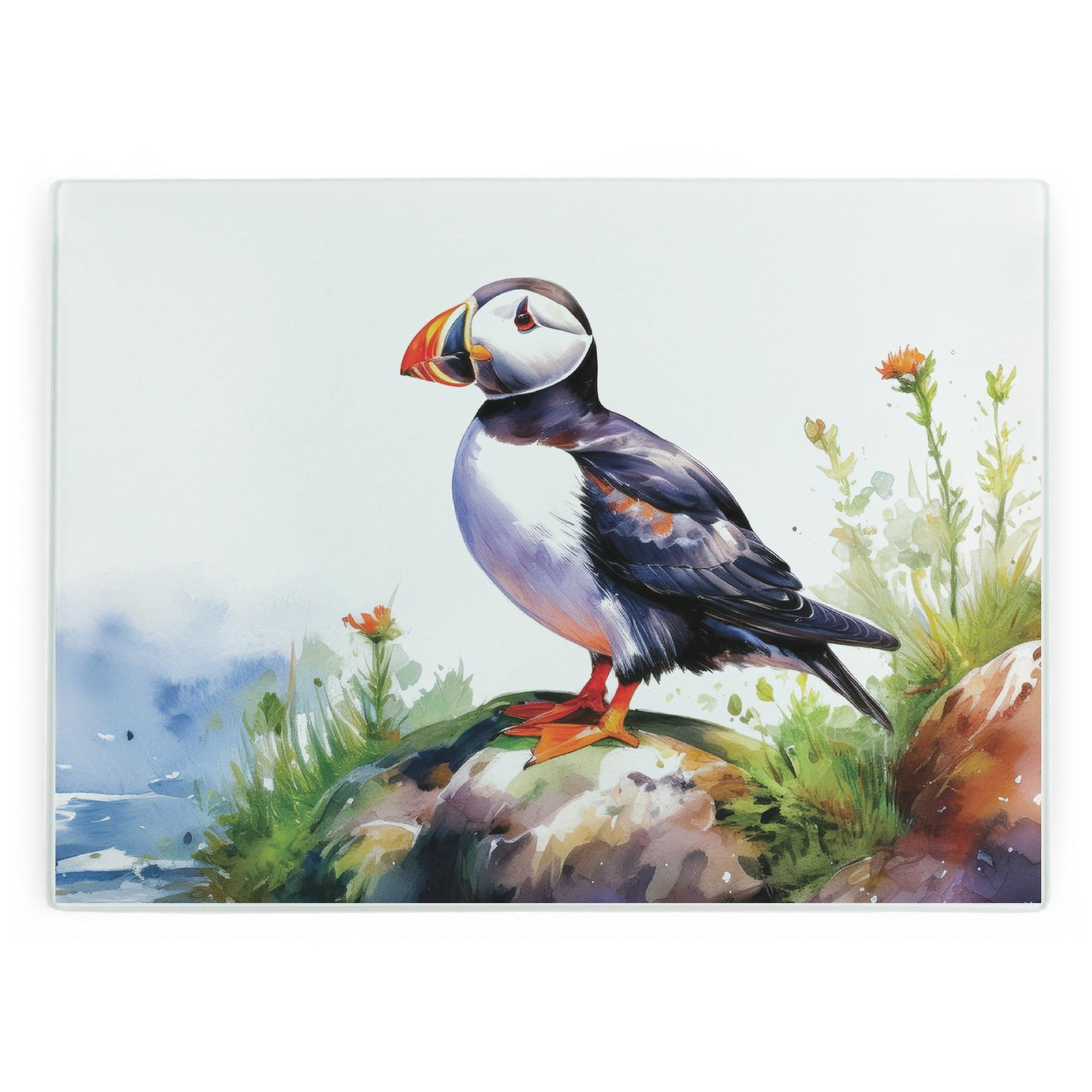 Puffins Glass Worktop Protector - Coastal Birds Kitchen Chopping Board Gift