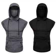 Mens Sleeveless Hoodies Casual Slim Fit Pullover Vest Top Sweatshirt with Mask