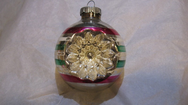 Vintage Christmas Shiny Brite Large Double Indent Glass Ornament War Era Stripes