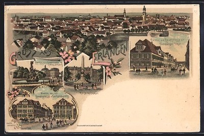 Lithographie Erlangen, Kaiserdenkmal, Hauptstraße, Nürnberger Tor 