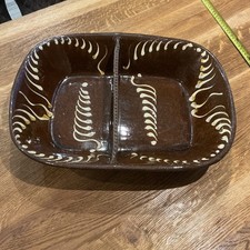 Antique 19th Century Eathernware Slipware Deco Divided Serving Dish 42cm x 32cm