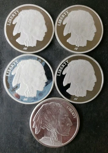 Lot of Five 1oz Silver Buffalo Rounds