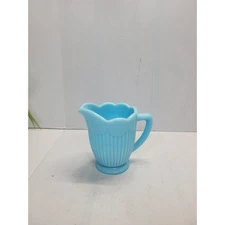 Vintage Blue Milk Glass Cream Pitcher, Scalloped Top Vertical Ribbed