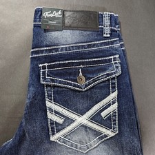 True Luck Men Classic Stretch Straight Jeans Size 34x30 34x32 Thick Stitch Flap