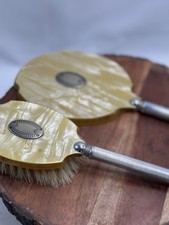 Celluloid Silver Handle Hand Vanity Mirror Brush Art Deco Nouveau