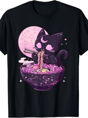 Pastel Goth Aesthetic Kawaii Creepy Cat Eating Ramen Noodles T-ShirtSame Style f