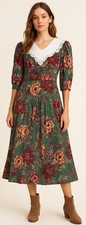 Vestido Vintage Floral Cottagecore Pradera Cuello Encaje Verde Midi Años 80 Hecho en Casa M/L