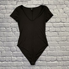 Forever 21 Women's Black Ribbed Short Sleeve Deep-V-Neck Bodysuit Size M