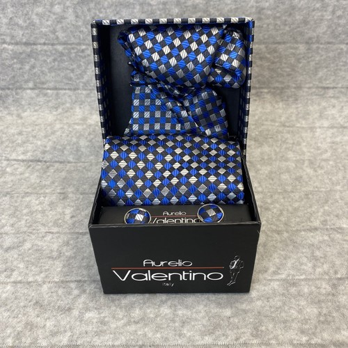 Aurelio Valentino Krawatte Manschettenknöpfe Einstecktuch Herren Accessoire Set Blau Schwarz