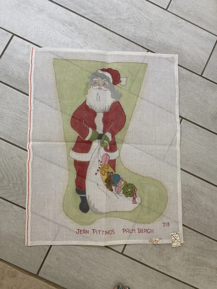 Vintage Hand Painted Needlepoint Canvas Jean Pittinos Santa Christmas Stocking - Image 2 of 4