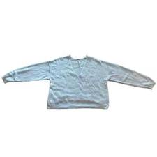 Women M Free People Long Sleeve Delicate Blue Princess Sweater V-Neck Fuzzy Cozy