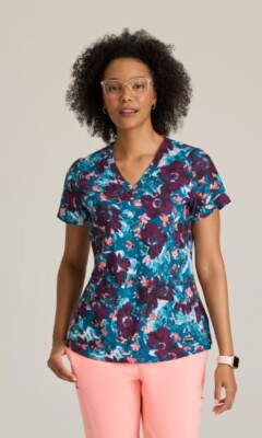 GREYS ANANTOMY WOMENS SPANDEX STRETCH SCRUB PRINT TOP, SPRING MEADOWS (SPME) NWT