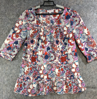 Liberty Top Women Medium Blue Purple Red Floral Pullover Ruffle Hem Keyhole Neck