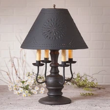 COLONIAL TABLE LAMP WITH PUNCHED TIN SHADE BLACK CANDELABRA COUNTRY LIGHTING