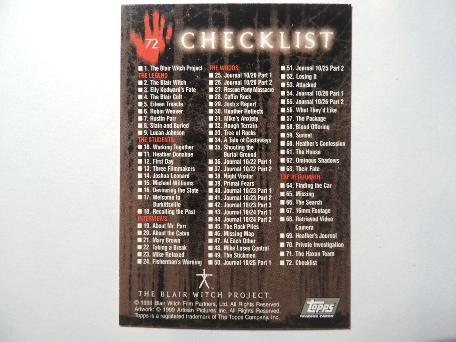 BLAIR WITCH PROJECT MOVIE SET OF 72 NON-SPORT TRADING CARDS TOPPS 1999 - Picture 3 of 3