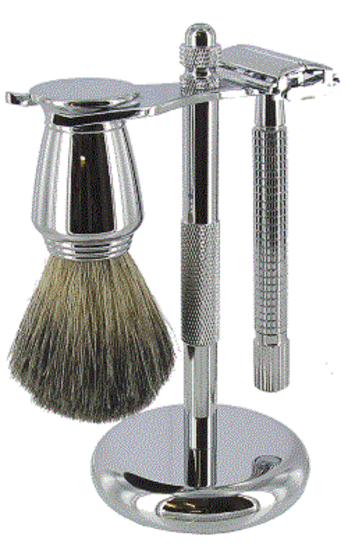 Chrome Safety Razor set with mixed badger brush on stand SHV133 Chrome Safety Razor set with mixed badger brush on stand SHV133