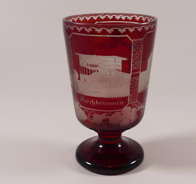Böhmen Becher Glas Wiesbaden Platte Kursaal Kapelle Kochbrunnen  Rot um 1870