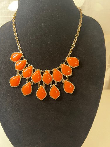 Gold Tone Orange Lucite Acrylic Tear Drop Bib Choker, Costume Necklace.